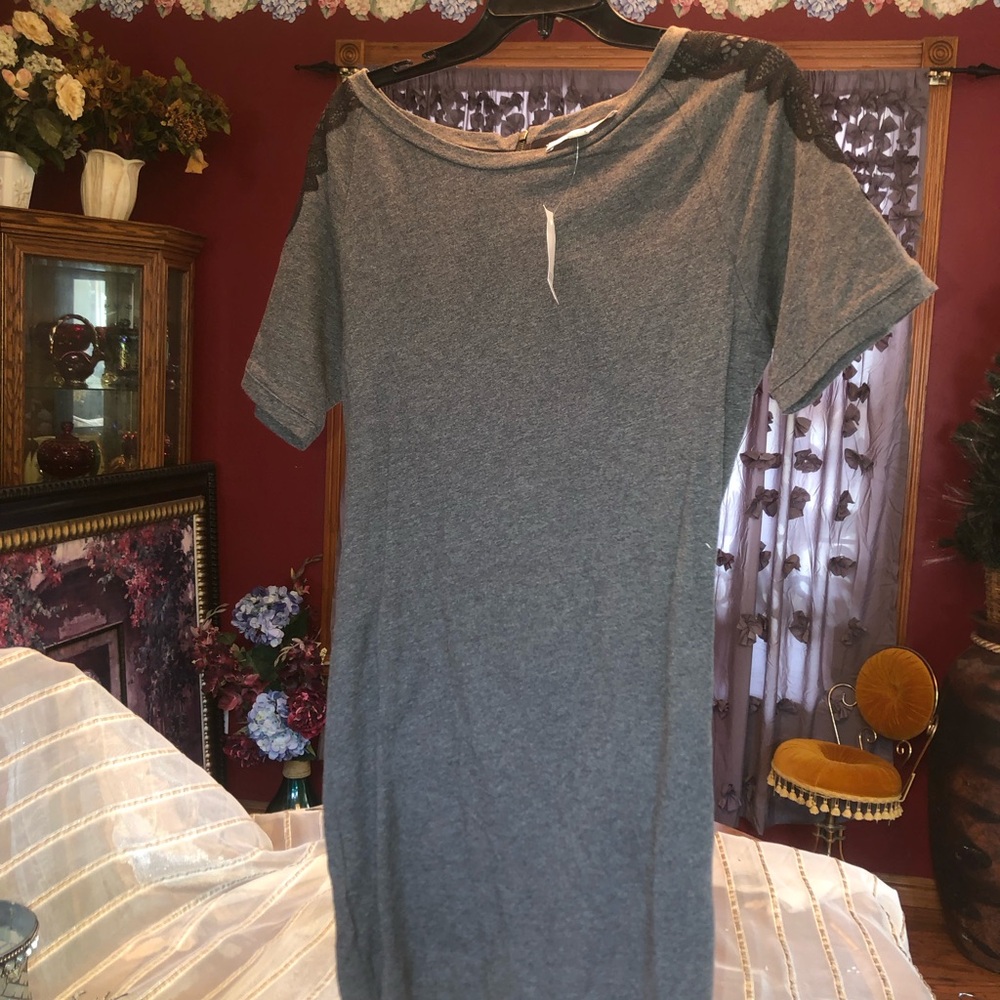 Ann Taylor Loft Charcoal Short Sleeve Knit Dress NW T Size Small Zipper & Lace